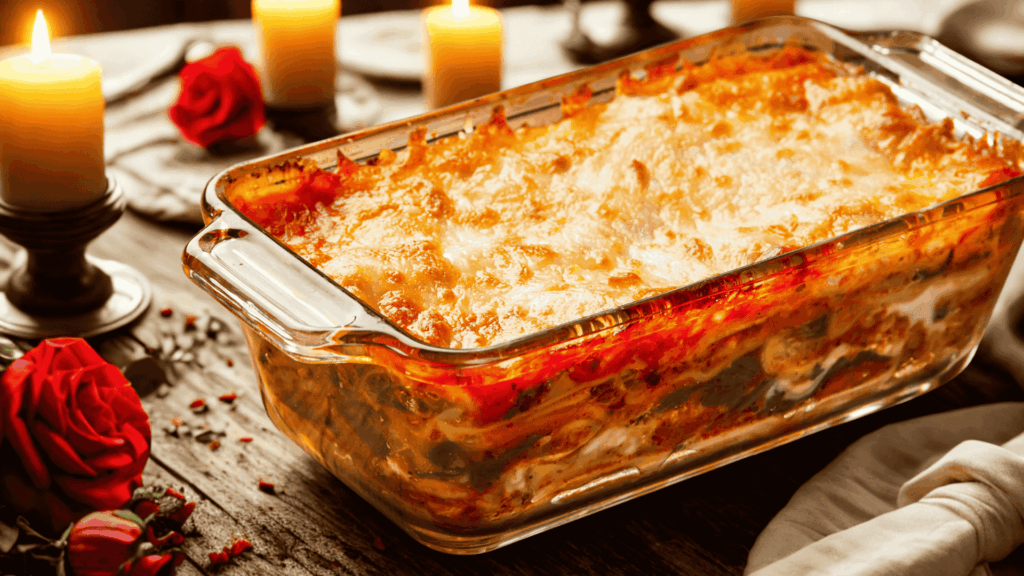 mesa decorada para jantar romântico em casa com lasanha à bolonhesa no prato principal