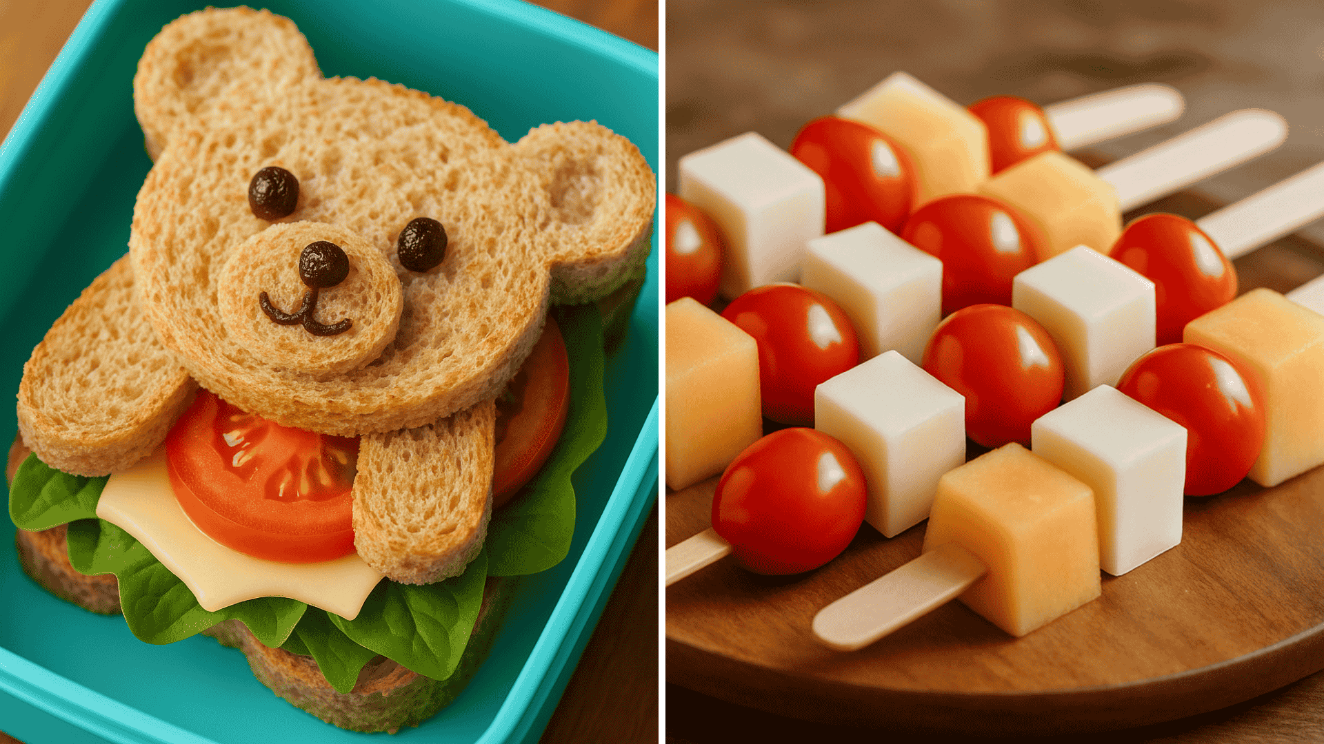 imagem de sanduíche cortado em formato de urso e espetinhos de queijo mussarela Litoral Laticínios, melão e tomate