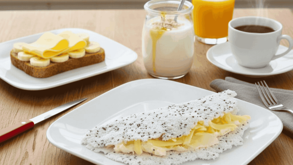 Mesa com sugestão de comidas para alimentação para treino com produtos Litoral Laticínios