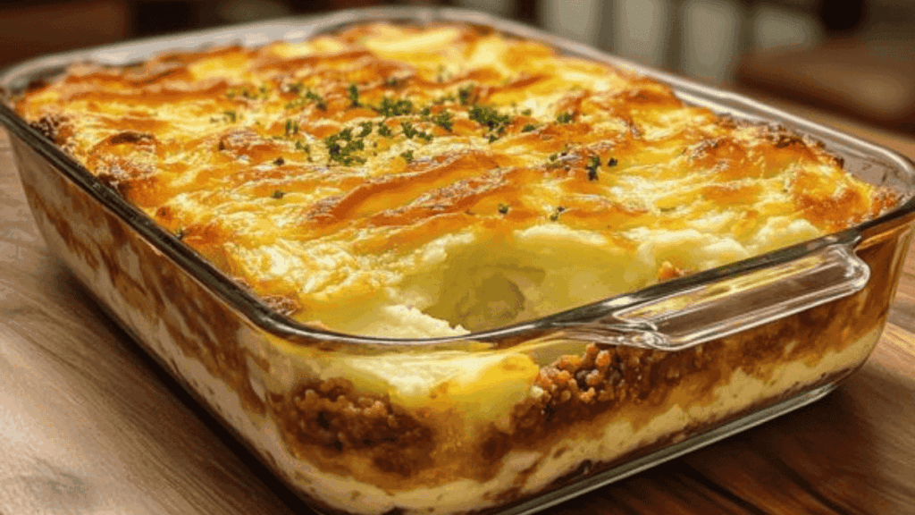 Receitas com queijo: escondidinho cremoso com camada de queijo gratinado servido em refratário.