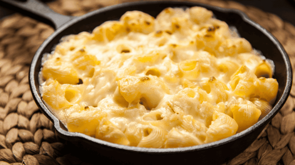 Receitas com queijo: macarrão cremoso gratinado com queijo derretido, servido em frigideira.