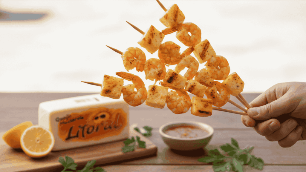 Espetinho de camarão grelhado com cubos de queijo mussarela Litoral.