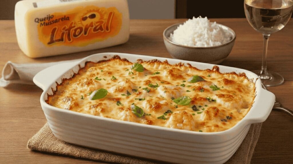 Camarão gratinado ao forno, uma receita clássica de frutos do mar com queijo.