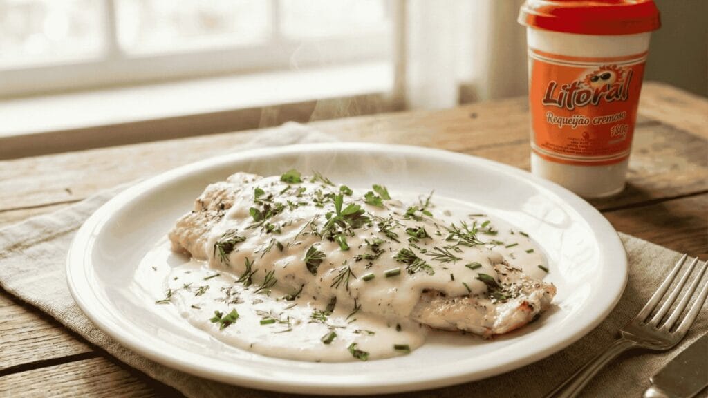 Filé de peixe grelhado servido com molho leve de requeijão cremoso da Litoral e ervas frescas.
