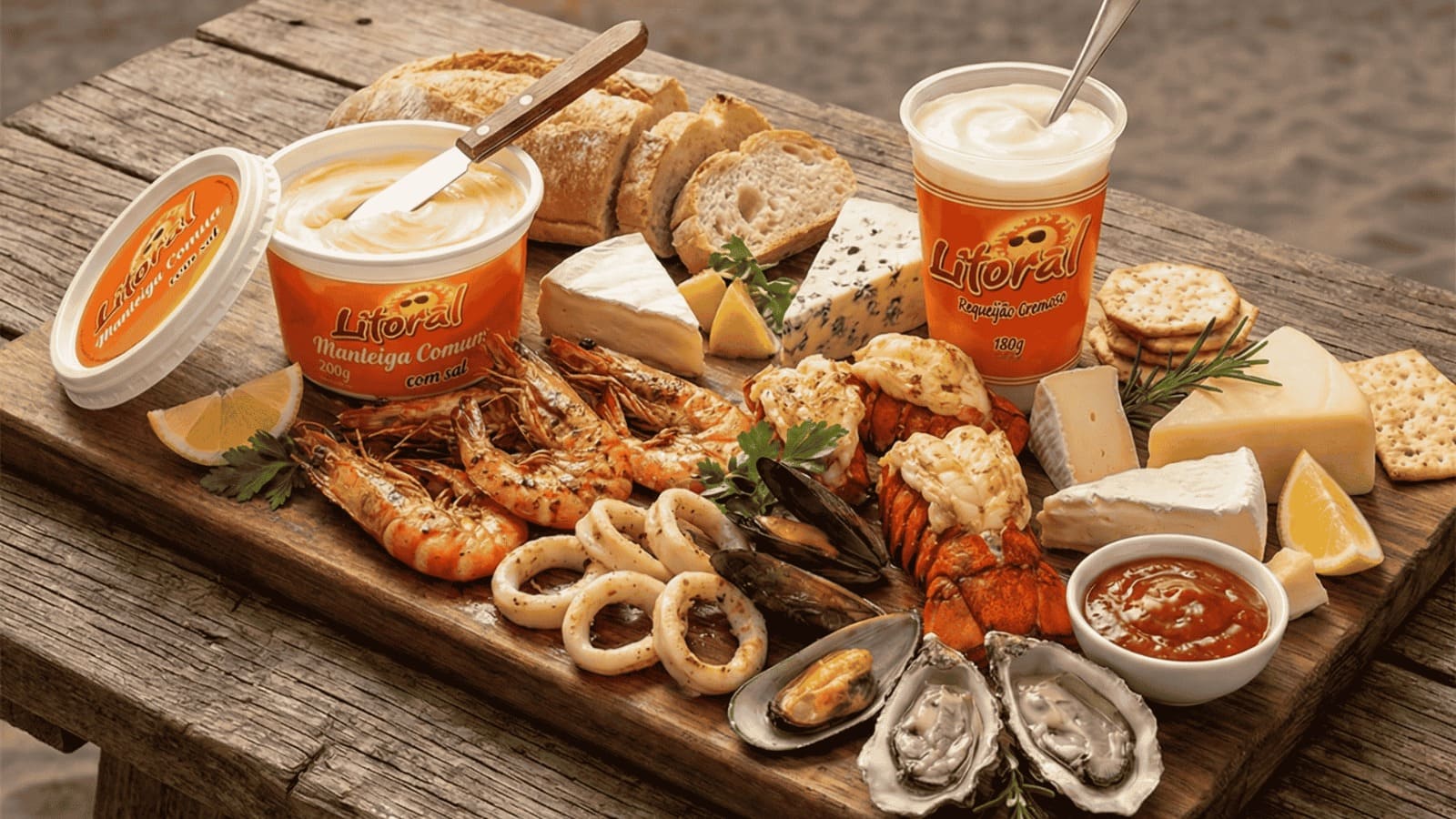 Seleção de frutos do mar com queijo, manteiga e requeijão da Litoral.