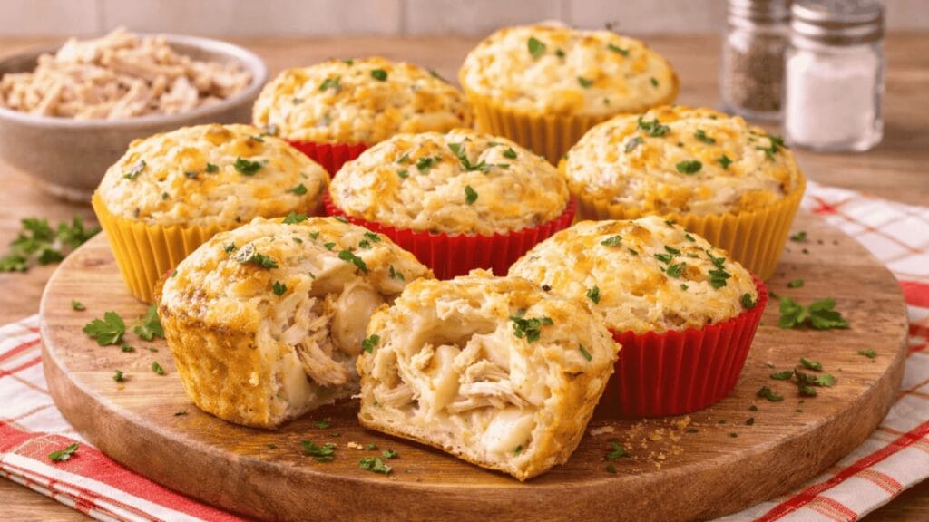 Muffins salgados de frango e queijo mussarela.