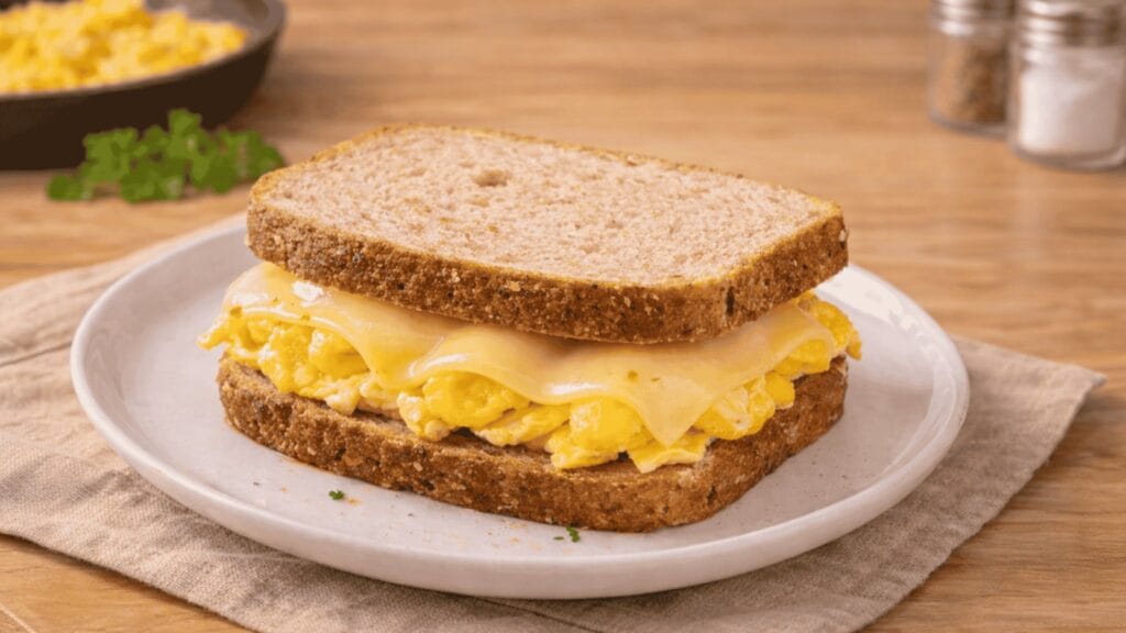 Sanduíche de pão integral com ovos mexidos e queijo mussarela derretido.