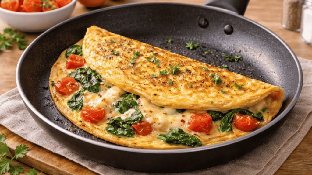 Omelete recheada com queijo mussarela derretido, espinafre e tomate, preparada em frigideira.