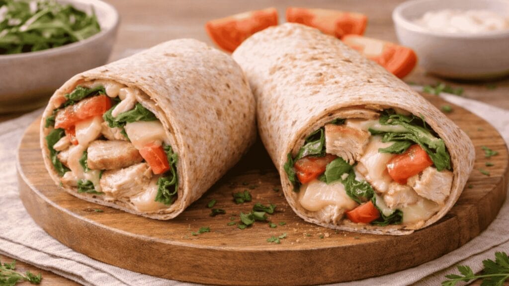 Wrap integral recheado com frango, queijo mussarela derretido, tomate e folhas verdes.