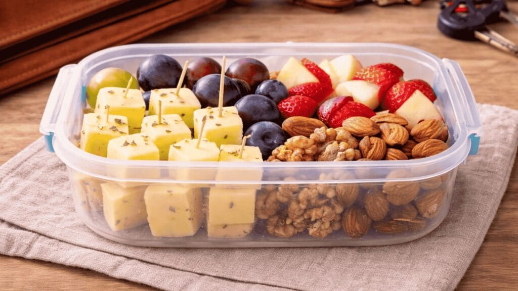 Pote com cubos de queijo, morangos, uvas, maçã e castanhas, ideal como lanches proteicos práticos para levar.