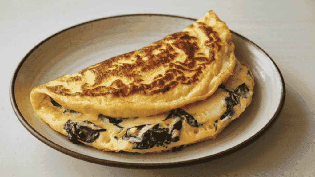 Omelete cremosa com queijo e ervas servida em prato para café da manhã