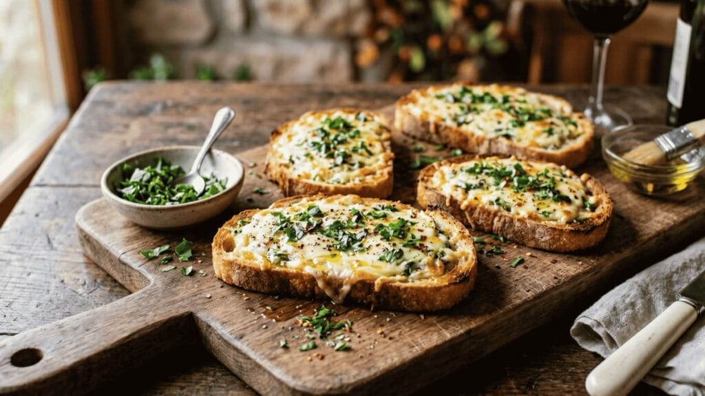 Bruschettas com queijo derretido, ervas frescas e azeite sobre tábua de madeira.