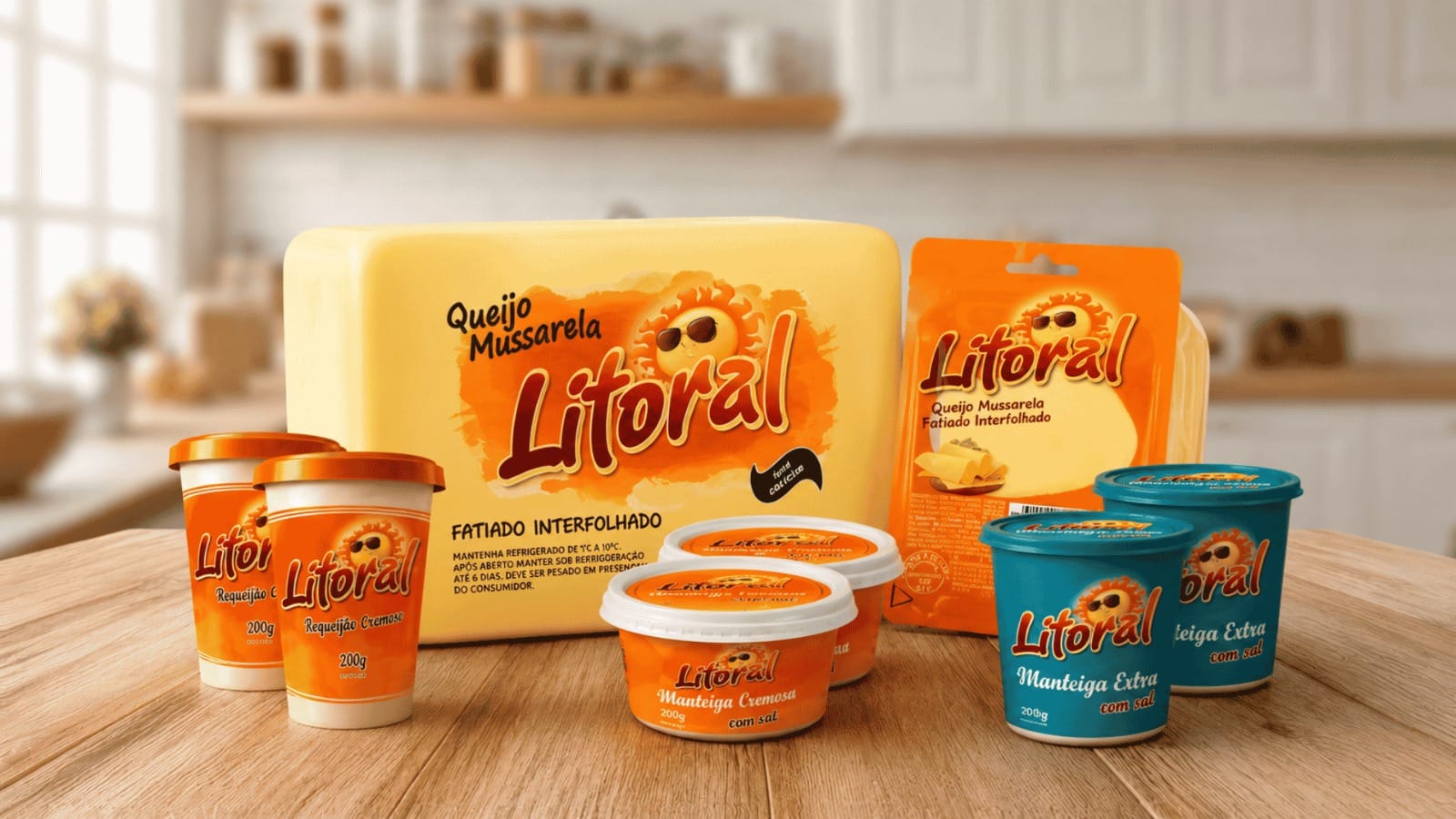 Produtos Litoral como requeijão, manteiga e queijo mussarela.