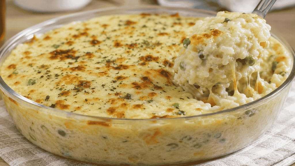 Arroz cremoso gratinado com queijo em uma travessa de vidro.