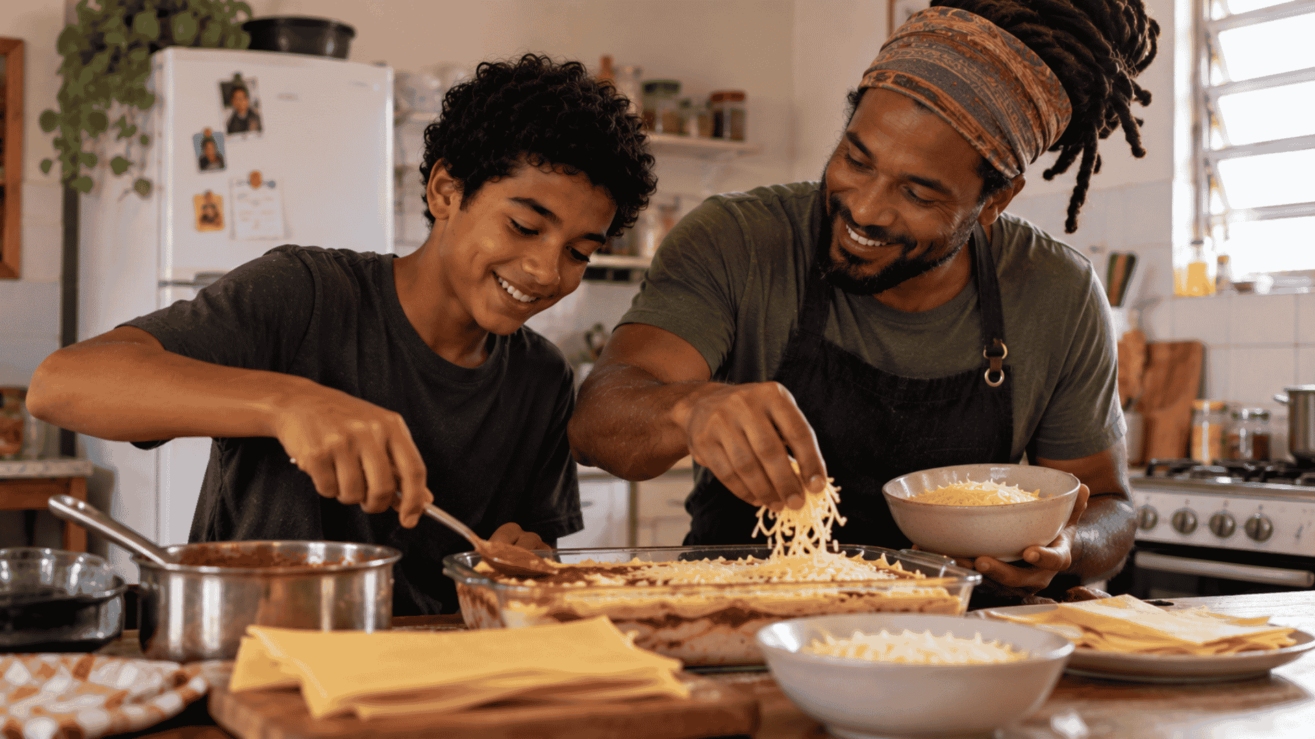 Pai preparando uma lasanha com seu filho - Imagem gerada por IA
