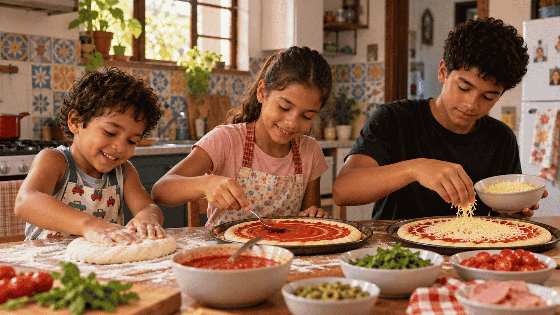 Crianças preparando uma pizza na cozinha - imagem gerada por IA - Litoral Laticínios