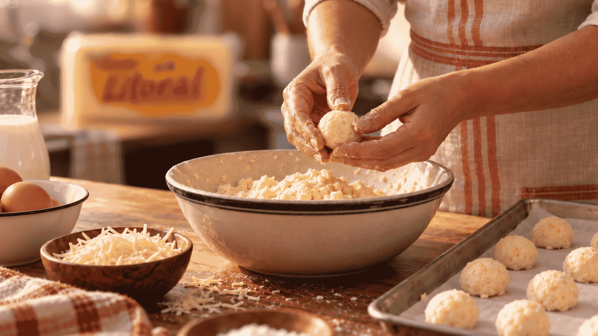 pessoa fazendo receita de pão de queijo fit com tapioca - imagem gerada por IA