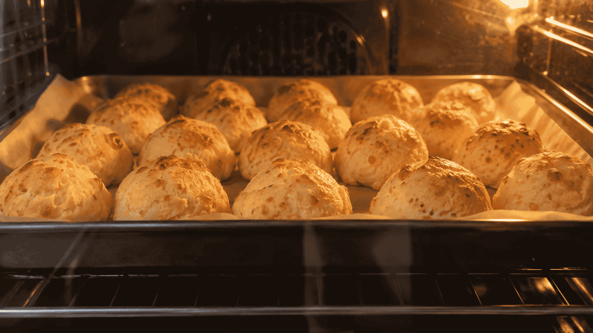 Foto de pães de queijo assando no forno - banco de imagens