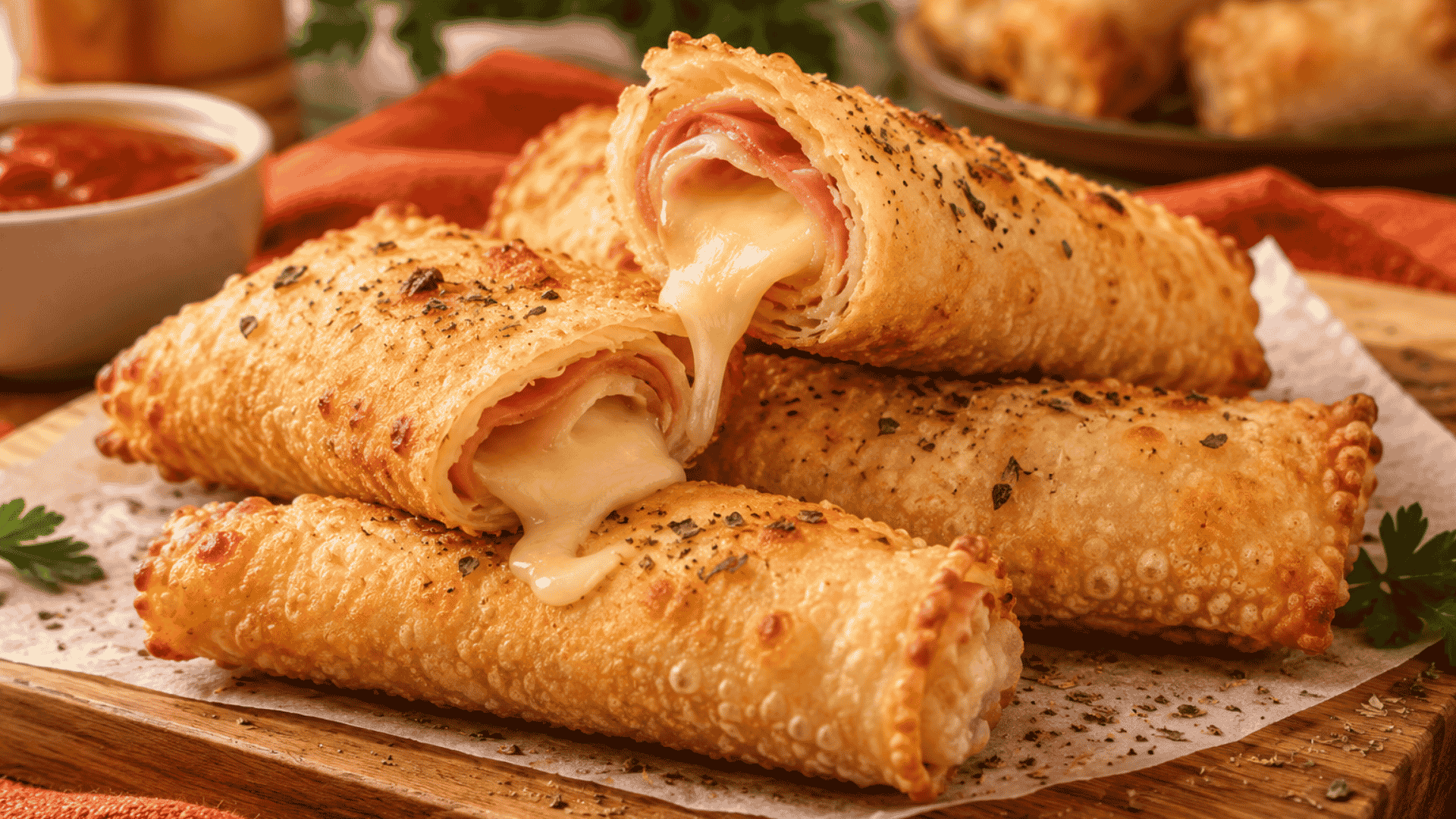 Enroladinhos de massa de pastel dourados e crocantes, recheados com presunto e queijo derretido, preparados na air fryer.