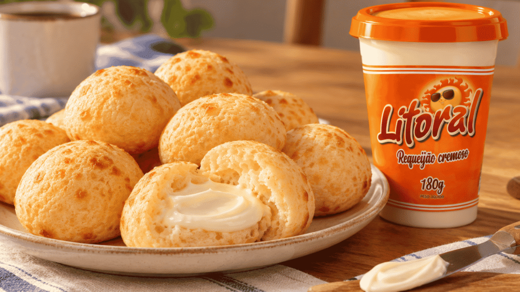Pães de queijo de tapioca dourados em um prato, acompanhados de requeijão cremoso da Litoral.