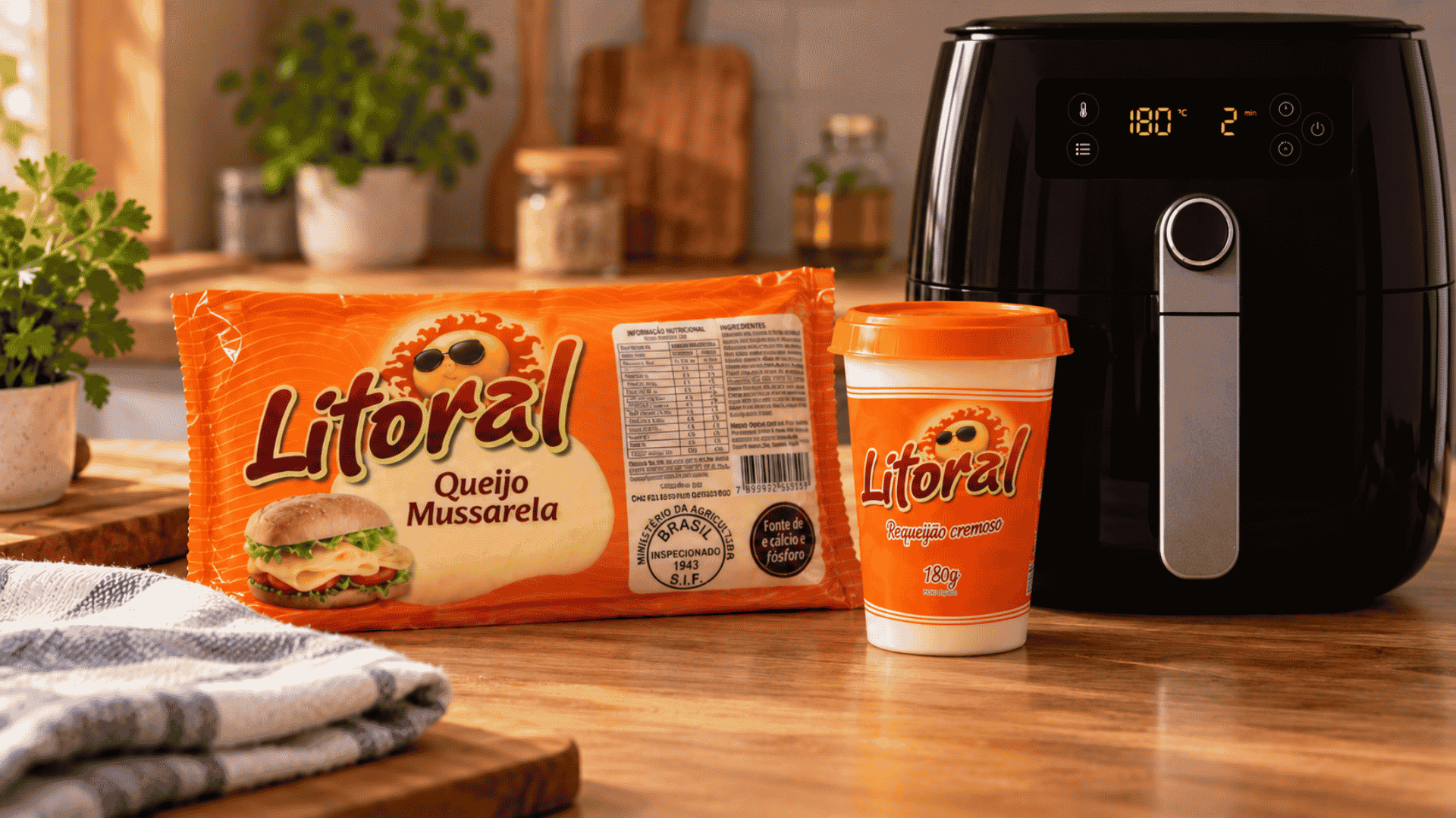Queijo mussarela e requeijão cremoso da Litoral ao lado de uma air fryer, ingredientes para receitas práticas e saborosas.
